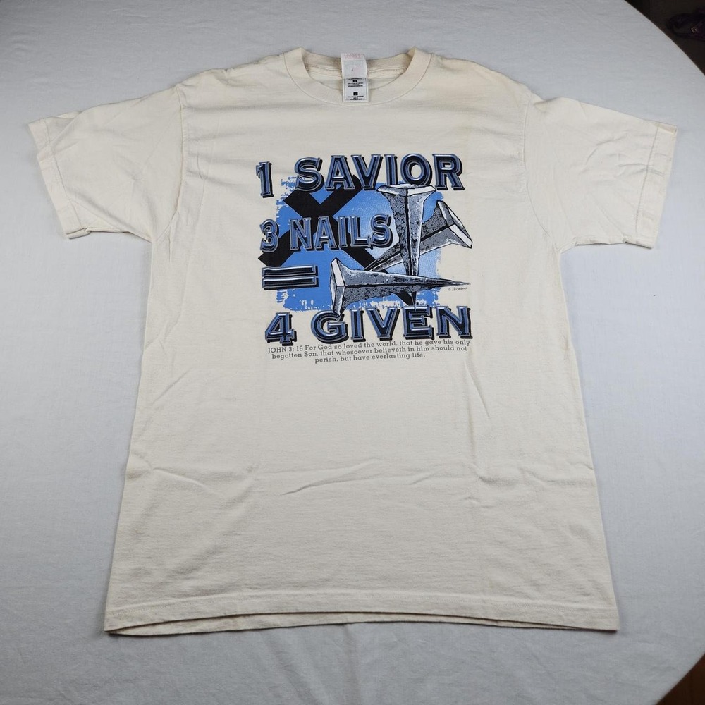Vintage Fruit of the Loom 1 Savior 3 Nails 4 Given Graphic T-Shirt Cream Large